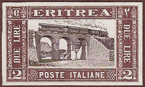 Train Stamps : Francobolli Eritrea 1930 : Imperf Proof on Card Steam Train on Bridge at Keren, Eritrean Railway